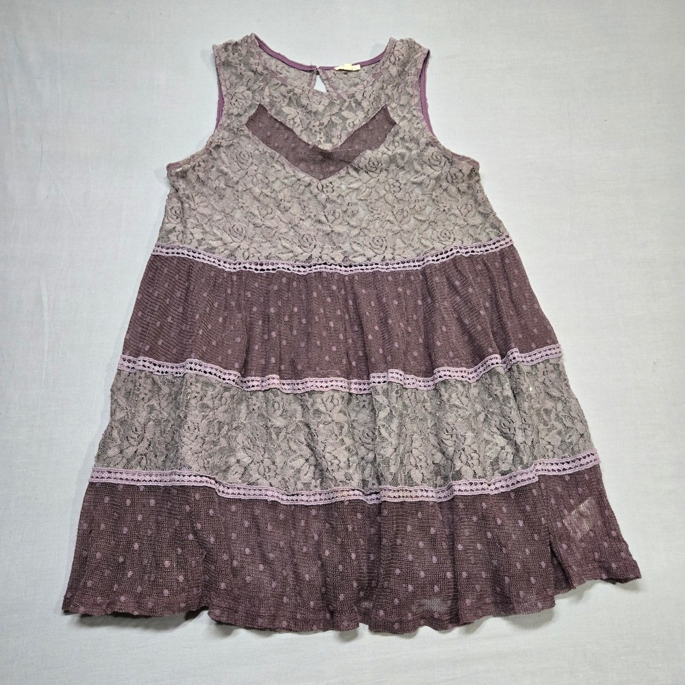 Anthropologie En‎ Creme Tiered Purple Lace Top Medium Sleeveless Boho Mini Dress